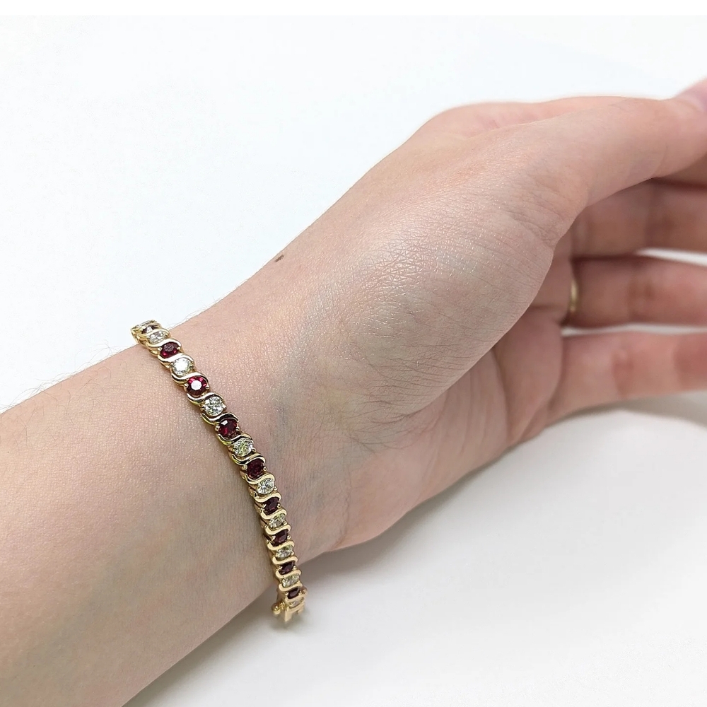 Sterling Silver 925 Gold Tennis Bracelt With Clear And Red Gemstones - Picture 2 of 5